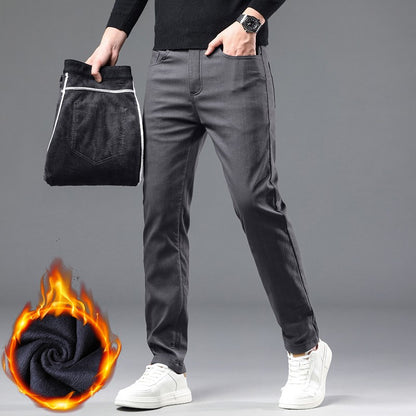 Fleece Pants Men's Winter Thick Slim Elastic Business Casual Velvet Pants Warm Fashion Solid Color Plush Trousers Male