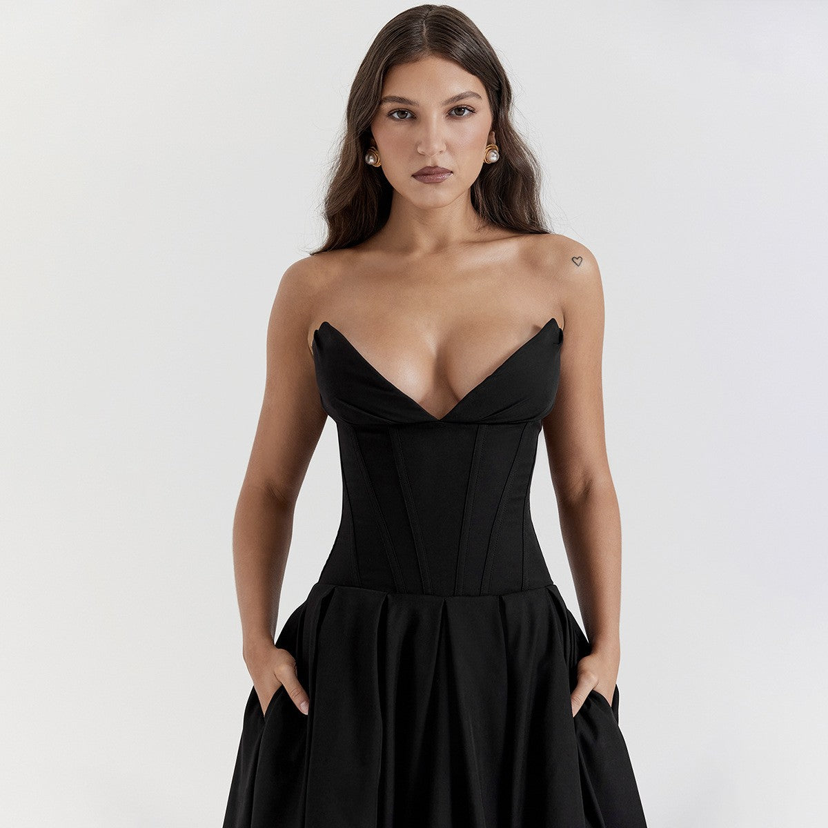 Suninheart Black Elegant Wedding Events Dress Sexy Strapless Corset Dress Midi C