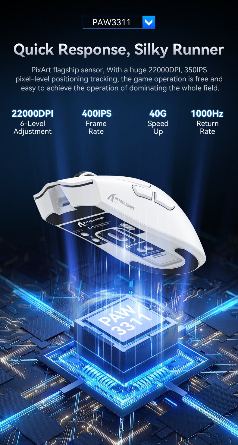 Mouse Gamer Sem Fio Attack Shark X11: 3 Modos (2.4GHz/Com Fio/Bluetooth), PAW3311, 22000DPI, 400IPS, Mouse Gamer para PC