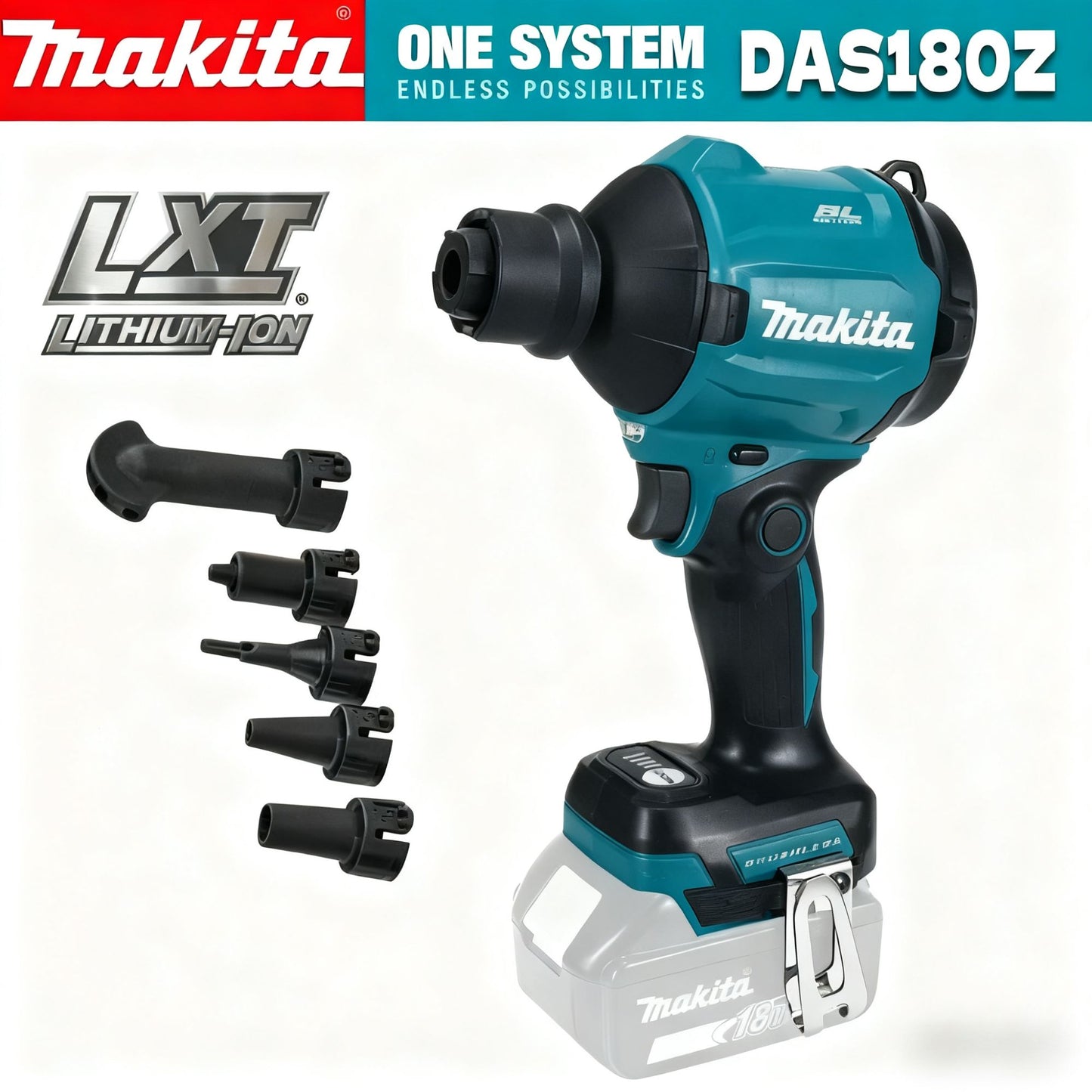 Makita DAS180Z Soprador de Ar a Bateria 18V LXT Sem Escovas 5 Bicos - Limpeza de Pó/Folhas/Carros/Eletrônicos & Oficina (Sem Bateria)