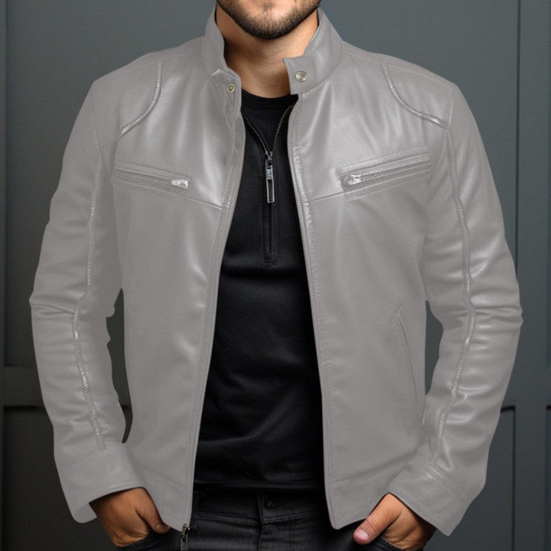 New Men's Business Leather Jacket for Autumn and Winter, Fashionable Stand Up Collar Casual Leather Jacket for Men