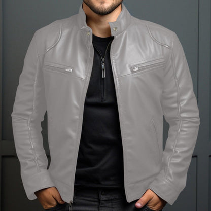 New Men's Business Leather Jacket for Autumn and Winter, Fashionable Stand Up Collar Casual Leather Jacket for Men