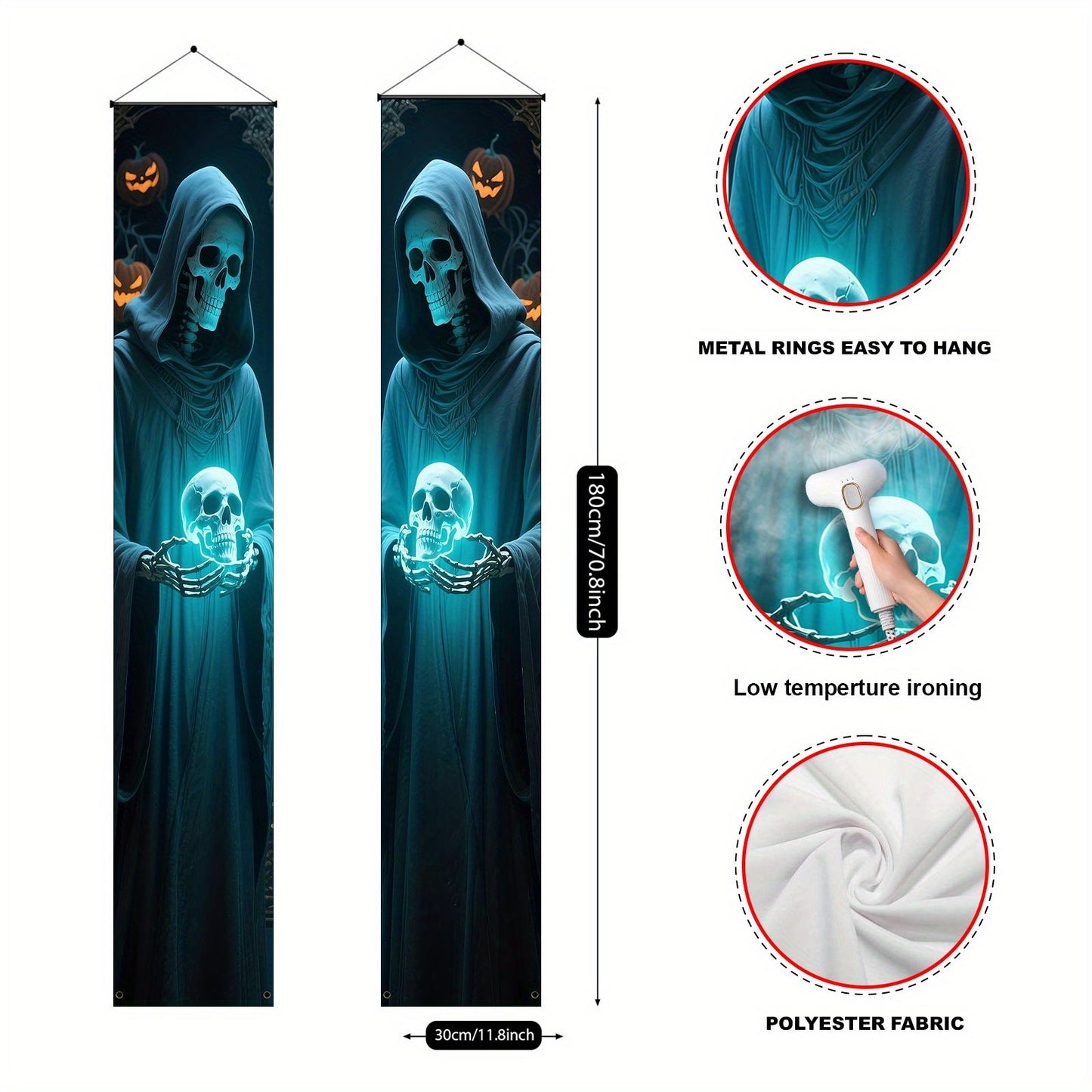 Party Banner,, Halloween Party Decorative Couplets, 2D Hanging Banners with Skeleton Design in Black Robes and Hooded Figures