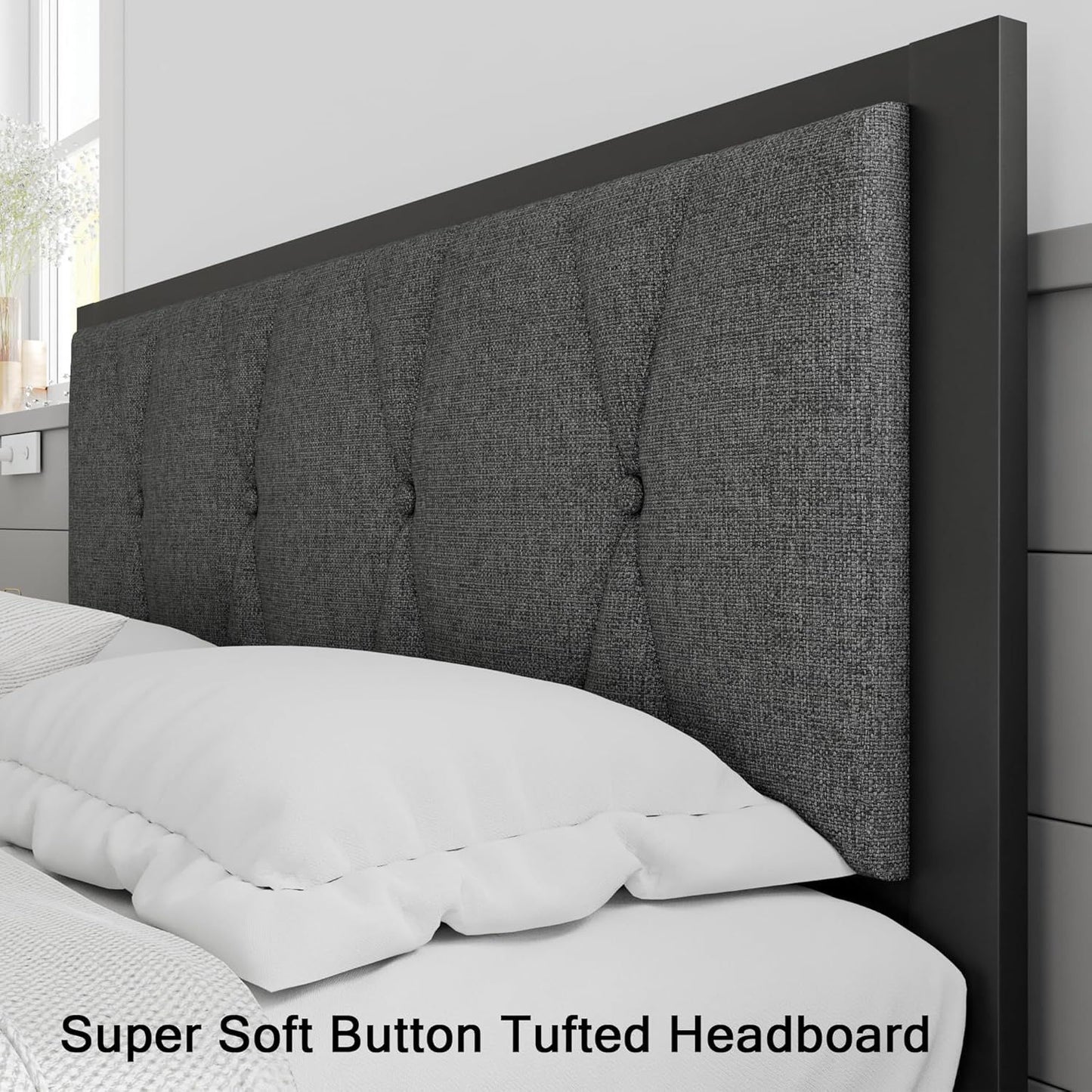 Estrutura de Cama Queen de Metal Cinza Escuro, Cabeceira Estofada e 30cm de Armazenamento sob a Cama - Plataforma sem Ruído