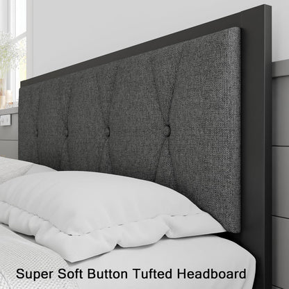 Estrutura de Cama Queen de Metal Cinza Escuro, Cabeceira Estofada e 30cm de Armazenamento sob a Cama - Plataforma sem Ruído