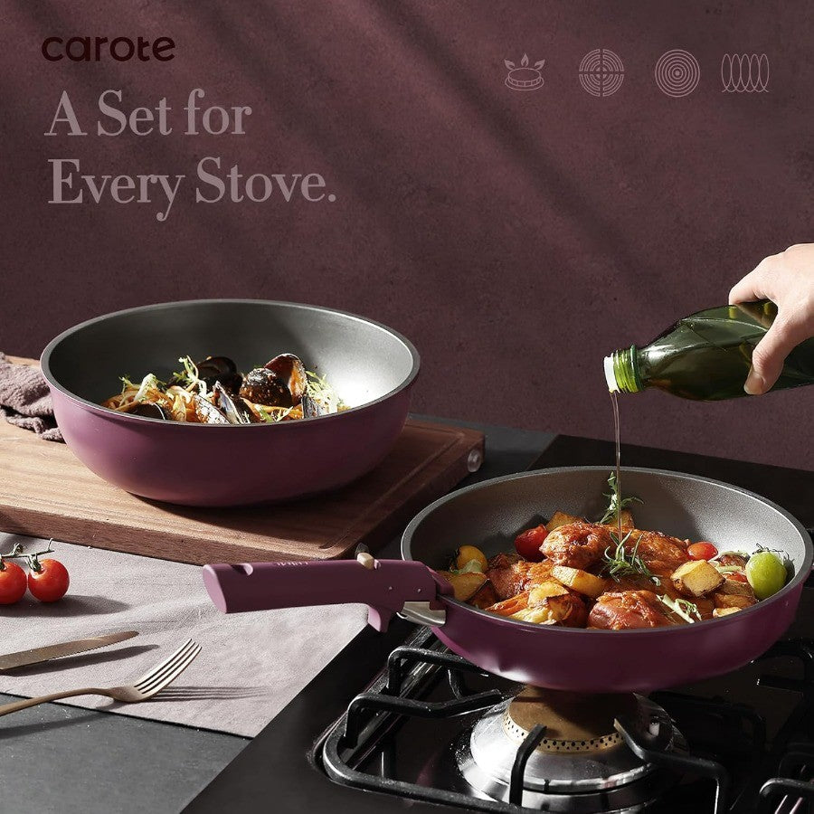 Conjunto de Panelas e Frigideiras 21 Peças, Conjunto de Utensílios de Cozinha Antiaderente com Alça Destacável, Conjunto de Utensílios de Cozinha Antiaderente com Alça Removível para Indução