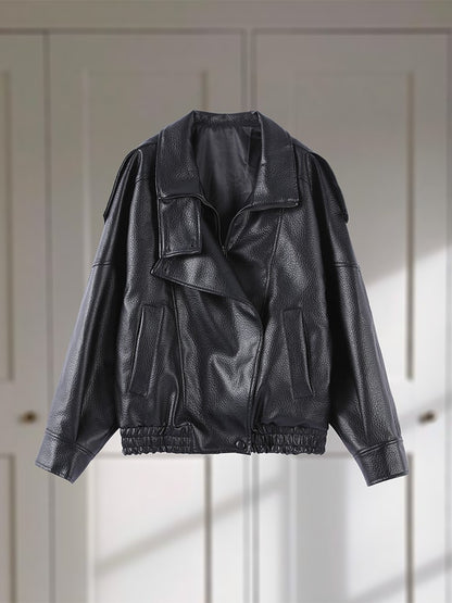 Faux Leather Stand Collar Bomber Jacket Women Locomotive Epaulet Slant Opening Ruched Coats Fashion Autumn Winter Lady Outerwear