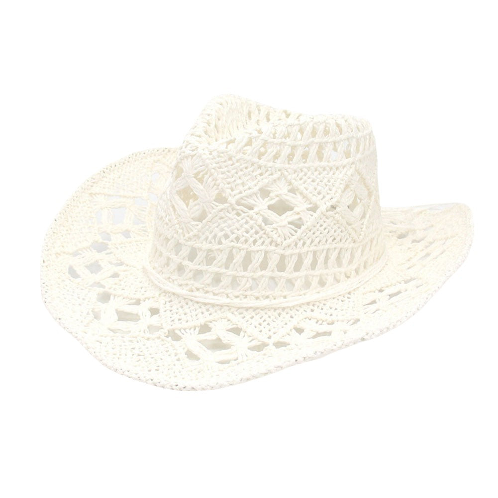 Chapéu de Sol Boêmio de Verão com Conchas, Chapéu de Cowboy Feminino e Masculino Dobrável Vazado de Palha com Aba Larga para Férias