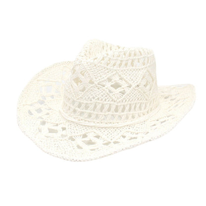 Chapéu de Sol Boêmio de Verão com Conchas, Chapéu de Cowboy Feminino e Masculino Dobrável Vazado de Palha com Aba Larga para Férias