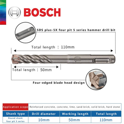 BOSCH Broca para Concreto e Madeira para Martelo Elétrico de Quatro Furos e Duas Ranhuras, de Duas Pontas, Série 5, com Haste Redonda