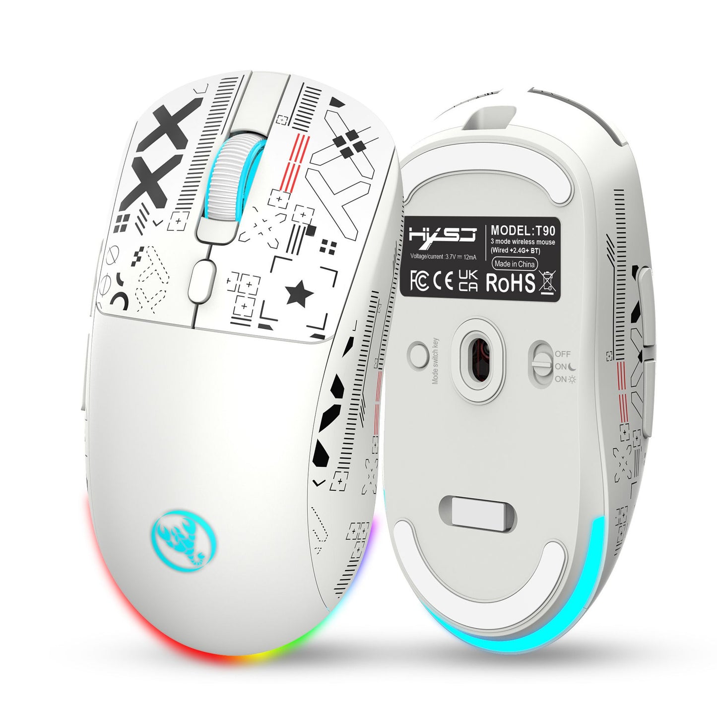 HXSJ T90 Mouse Gamer Retroiluminado RGB com Fio 2.4G Bluetooth Sem Fio Novo Modelo Bateria de 650mAh 500 Milhões de Cliques até 4000 DPI