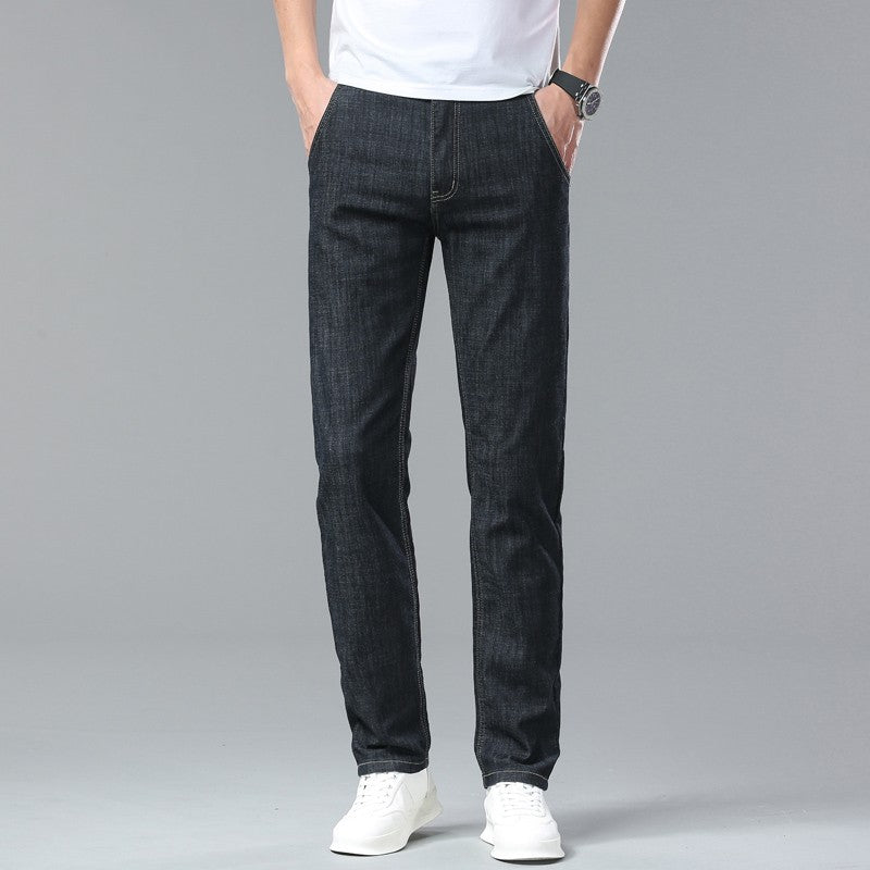 Light Blue Classic Business Casual Cotton Pants Fashion Breathable Denim Elastic Trousers Brand Men's Clothing Straight Jeans