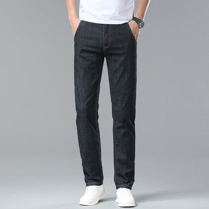Light Blue Classic Business Casual Cotton Pants Fashion Breathable Denim Elastic Trousers Brand Men's Clothing Straight Jeans