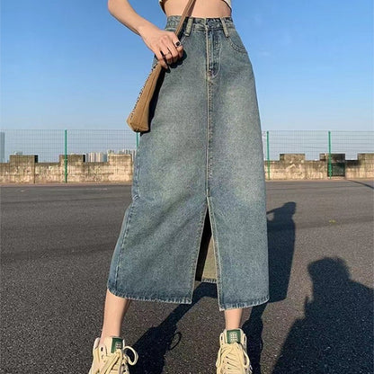 Summer New High-waist Slit Denim Skirt For Women Washed Retro A- line Skirt Hip-