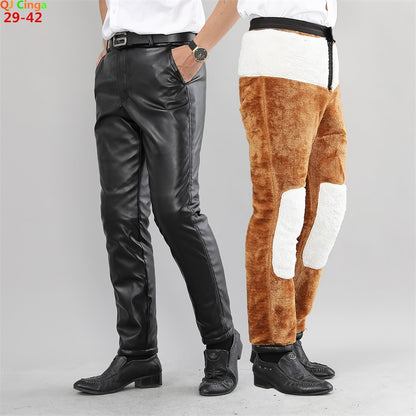 Men's High Waist Stretch Leather Pants, Windproof Straight Biker PU Pants, Warm Winter Trousers, New Fashion, 29-42