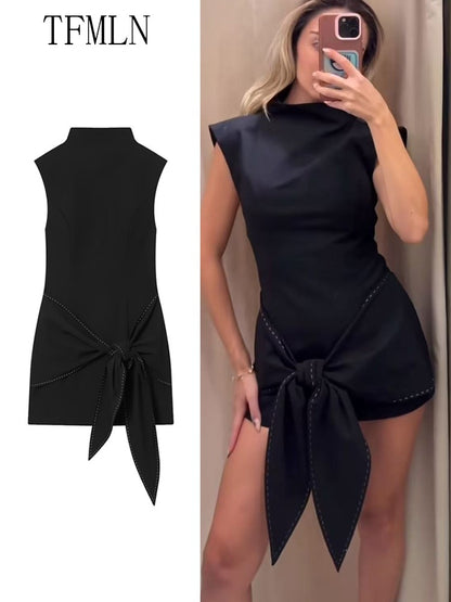 Elegant 2025 Autumn Women Big Bow Mini Dresses Fashion Chic Sleeveless Slim Causal Dress Street Back Zipper Party Sweet Dress