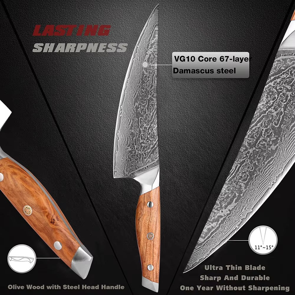 Conjunto de Facas de Cozinha Profissionais em Aço Damasco 1-8 Peças Faca Chef, Santoku, Cutelo, Pão, Desossar e Utilitárias - Afiadas como Navalha