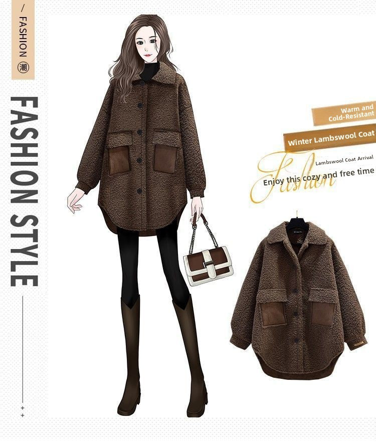 Plus Size Plus Size Women's Autumn Winter Thickened Lamb Fur Jacket Chic Hong Kong Style Design Slimming Outerwear Street Trend