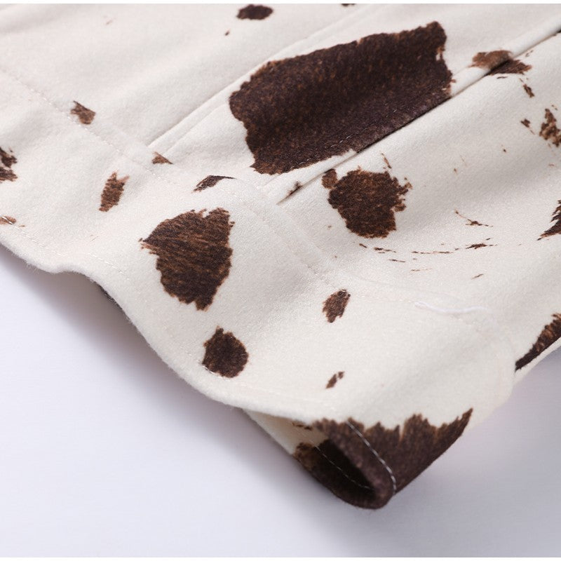 Fashion Women's Cow Print Jacket Lapel Collar Short Length Zipper Button Coats 2025 Autumn Winter Female Trendy Warm Outerwear