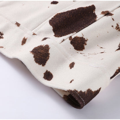 Fashion Women's Cow Print Jacket Lapel Collar Short Length Zipper Button Coats 2025 Autumn Winter Female Trendy Warm Outerwear
