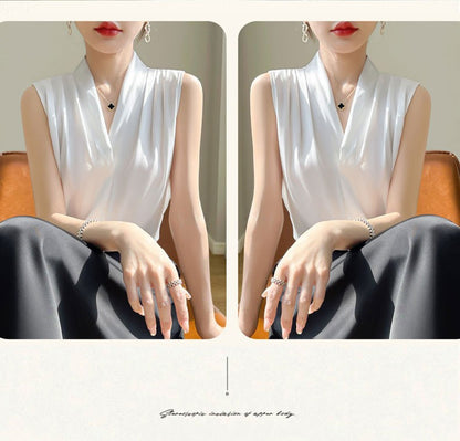 Womens Tops Blouses Solid Color White Satin Blouse Office Shirt Blusas Sleeveless Women Shirts Black White Female YTM A31