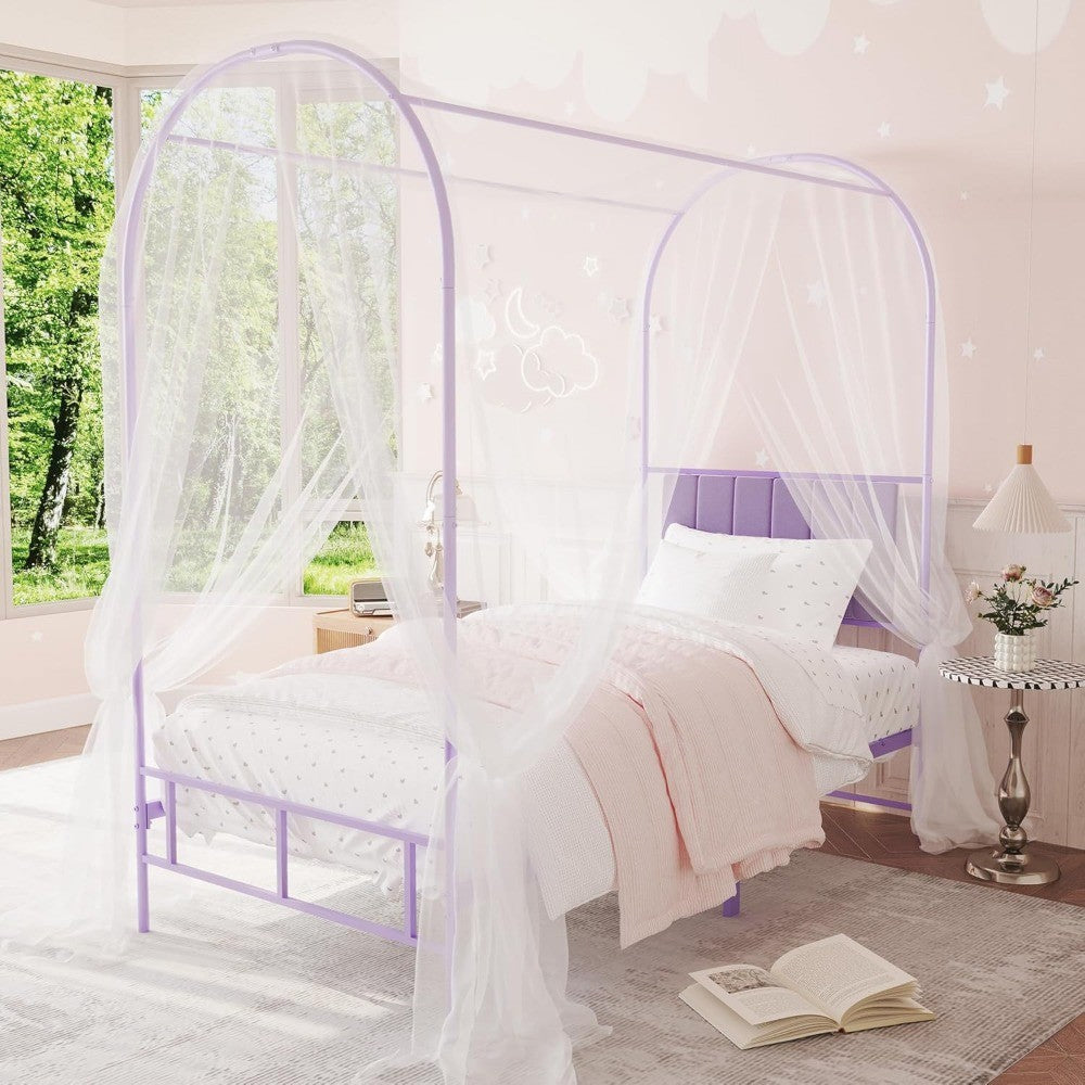GAOMON Cama Infantil com Dossel, com Cabeceira e Peseira, Estruturas de Cama de Solteiro Estofadas com Hastes Arqueadas para Mosquiteiro, Metal Resistente