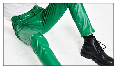New Men Solid Color Slim Fit Faux Leather Pants Green / White / Black Homme Bar KTV High Street Biker Trousers