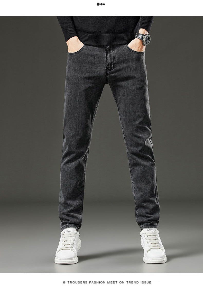 Men's autumn and winter hot jeans elastic small straight leg pants black gray micro elastic zipper fashionable versatile jeans