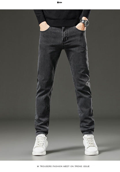 Men's autumn and winter hot jeans elastic small straight leg pants black gray micro elastic zipper fashionable versatile jeans