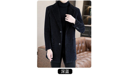 Classic Autumn Winter Men's Mid-Length Woolen Coats Casual Striped Overcoat Outwear Windbreaker Business Warm Long Jackets