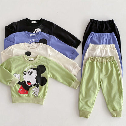 Disney Mickey Children' Tracksuit Cartoon Fashion Loose Baby Girl Boy Long Sleeve Crewneck Hoodies + Pants Two Piece Set Clothes