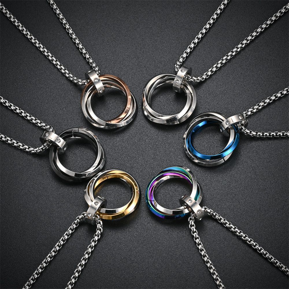 Colar Masculino Hip-hop Três Anéis Aço Titânio Não Desbota Simples Refinado Pequena Personalidade Marca Maré Vermelha Pingente