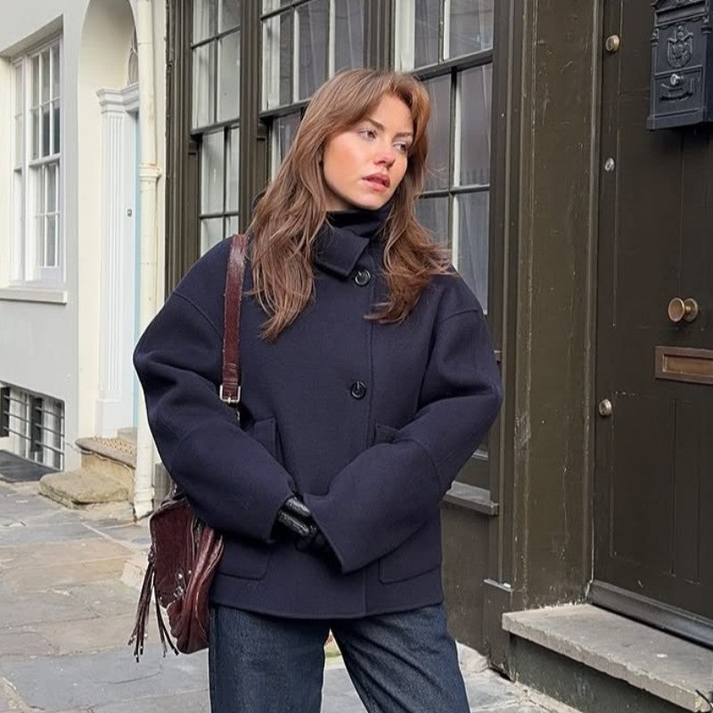 Elegant Stand Collar Woolen Jacket For Women Y2K Single Breasted Button Pockets Coat Lady 2025 Autumn Winter Street Chic Outwear