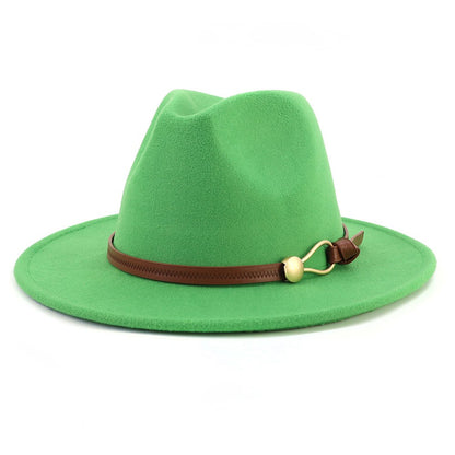 New Brown Belt Buckle Jazz Fedora Hat Autumn Winter Women Men Party Church Top Hat Wide Brim Sun Hat Felt Panama Cap