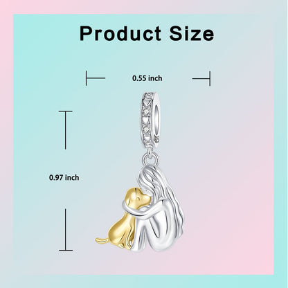 Girl & Dog Hugging Dangle Charm S925 Sterling Silver Two tone pendants Fit Original Bracelet Making Pet Lovers’ Bracelet Gift