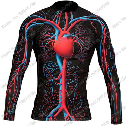 Human Circulatory System Rash Guard Jiu Jitsu BJJ MMA T-shirt Compression Shirt Long Sleeve Surfing Jersey Beach Diving Tops