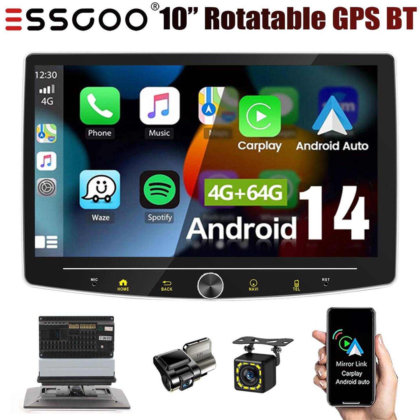 ESSGOO Single 1 Din Android 14.0 Rotatable 10.1" Apple Carplay Car Stereo Radio Player GPS Navi WIFI Wireless Android Auto FM BT