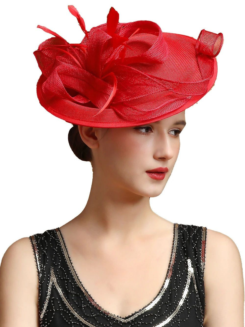 Grande Chapéu Fascinator Sinamay em Promoção Quente Chique Colorido Kentucky Derby Hat Chapéu de Chá com Flores Adorno de Cabeça Feminino Cartola Chapéu de Igreja
