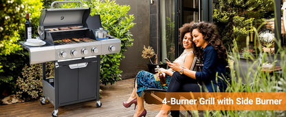 4 Burner BBQ Propane Gas Grill, Free Standing Grill Cart with Wheels, Stainless Steel Heavy Duty Cabinet Style, Outdoor Grill
