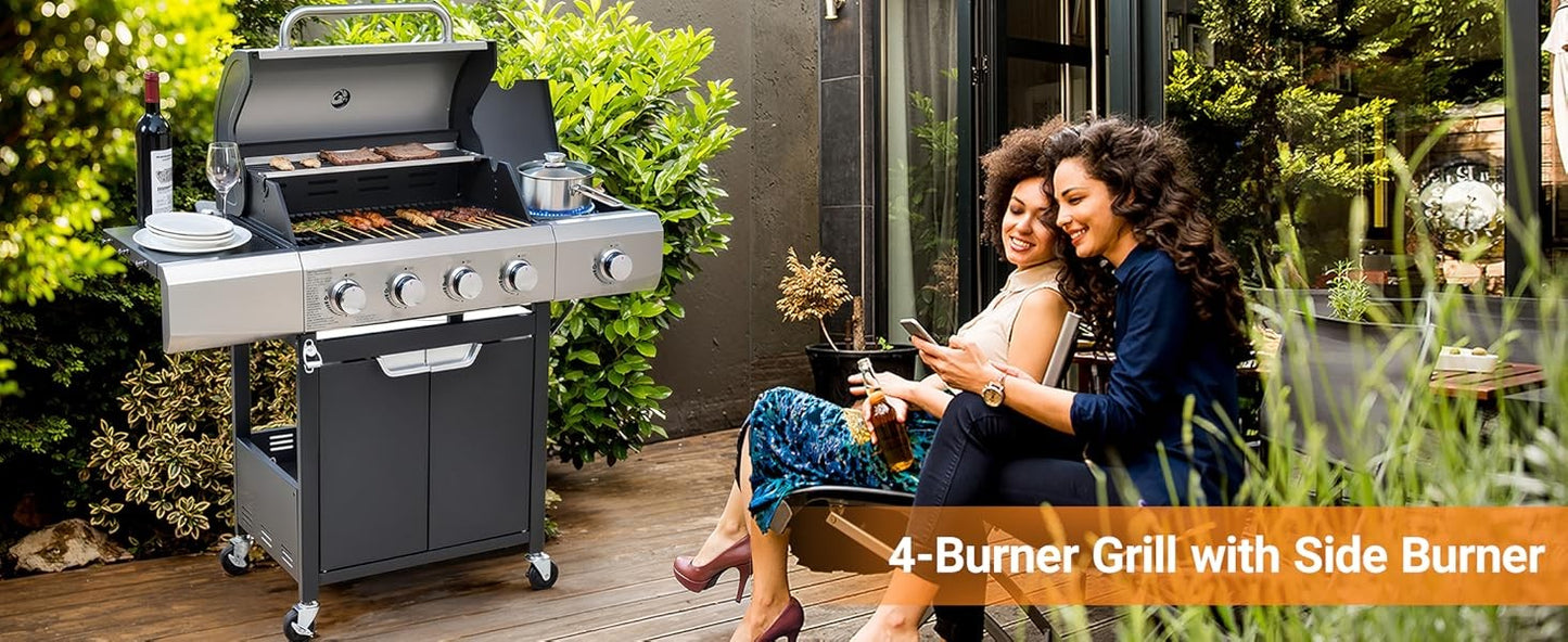 4 Burner BBQ Propane Gas Grill, Free Standing Grill Cart with Wheels, Stainless Steel Heavy Duty Cabinet Style, Outdoor Grill