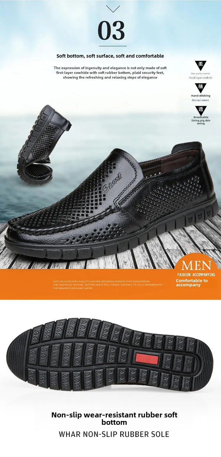 Plus Size Breathable Hollow Out Leather Sandals For Men Summer Comfortable Slip-Ons With Gap Between The Shoes And The Ground