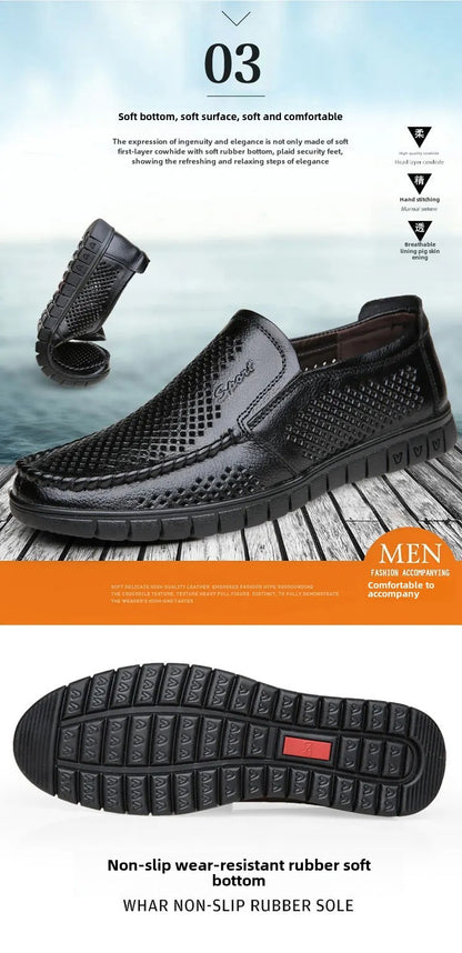 Plus Size Breathable Hollow Out Leather Sandals For Men Summer Comfortable Slip-Ons With Gap Between The Shoes And The Ground