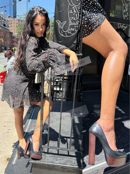 Wooden Pattern Chunky Heel Dress Pumps Black Nude Matte Platform Banquet Shoes Cork Block Heels Striped Footwear Patchwork Heels