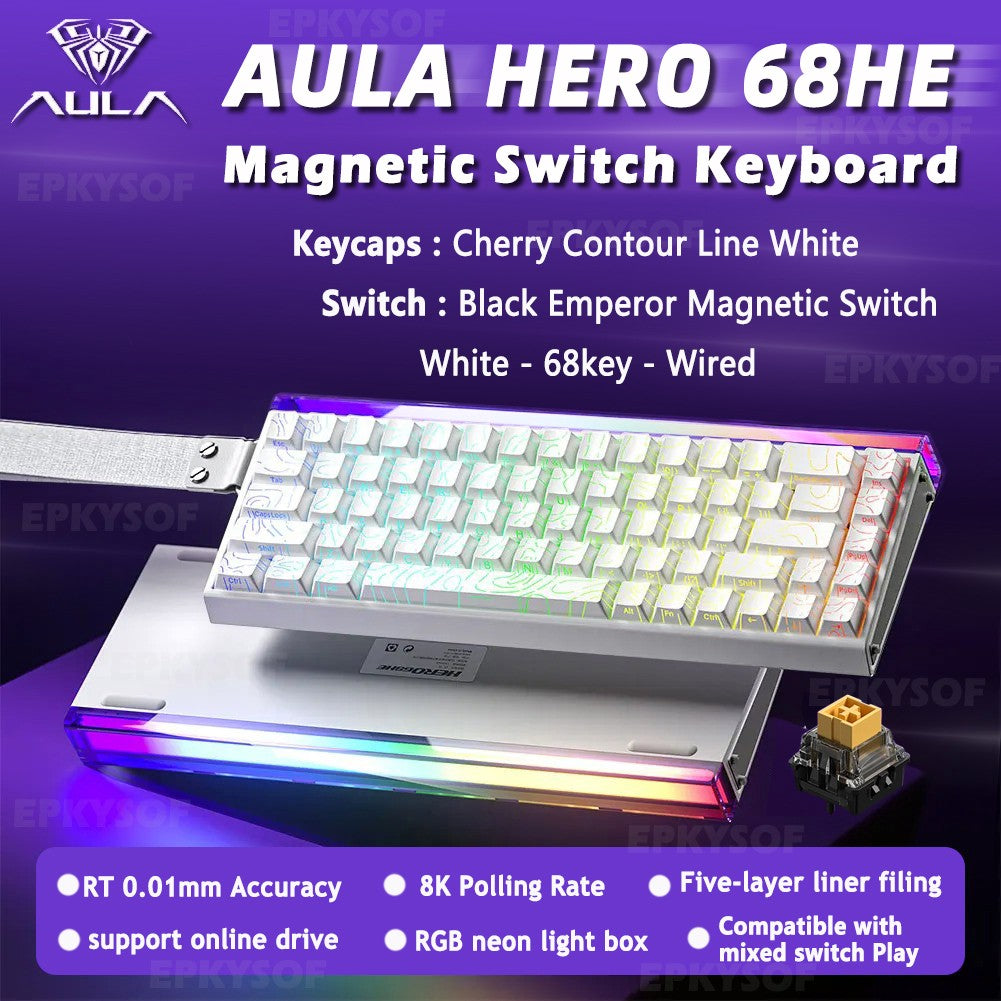 Teclado Mecânico para Jogos RGB com Switches Magnéticos AULA HERO 68HE Teclado para eSports com Acionamento Rápido e Retorno de 8K com Fio Personalizado