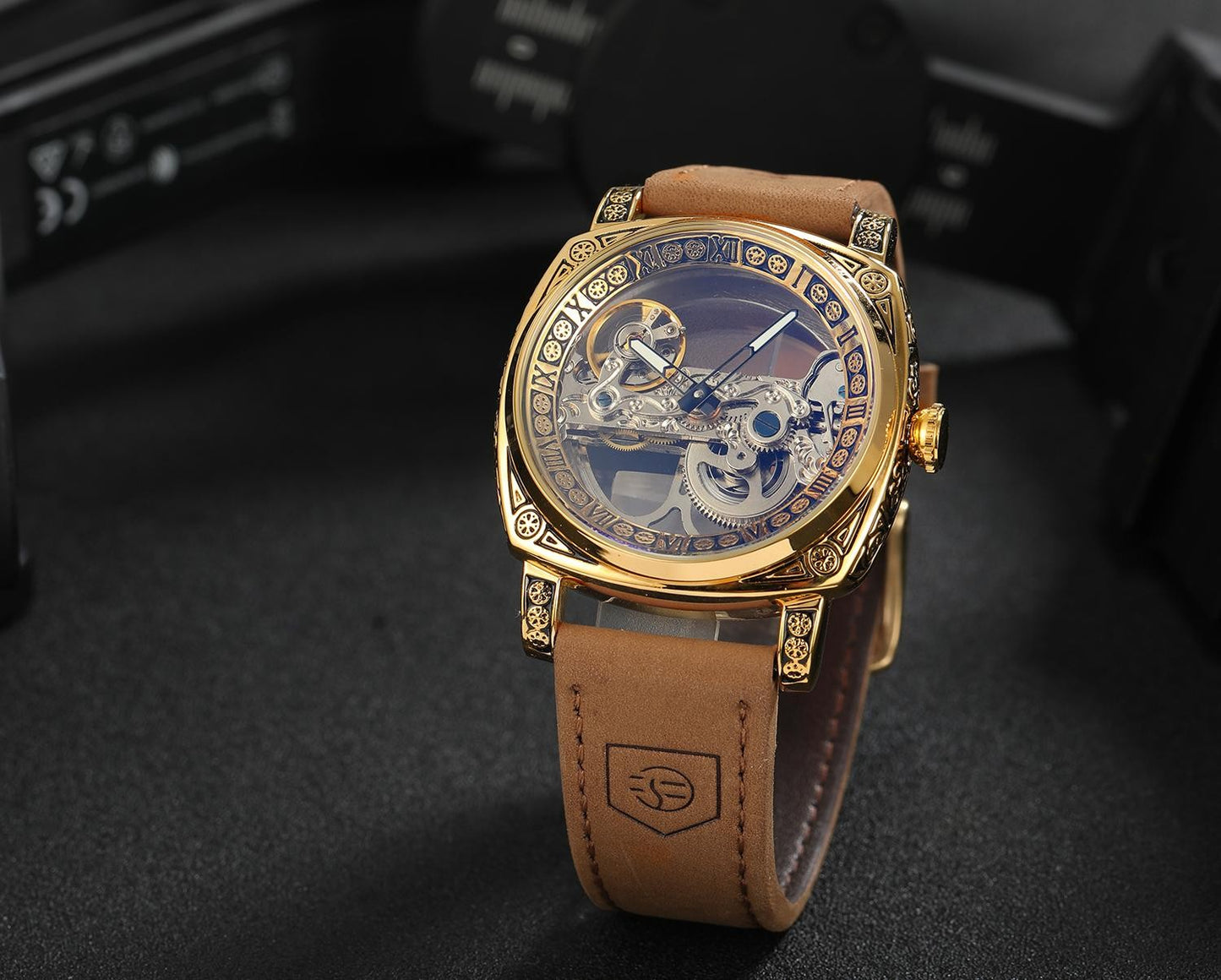 FORSINING High-end Luxury Gold Skeleton Mechanical Man Watch Automatic Movement Clock Stainless Steel Male Bronze Wrist Watches