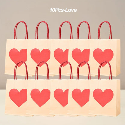 10Pcs Party Gift Bags Heart Candy Goodie Favor Kraft Paper Bags with Handles Gift Wrap for Birthday Wedding Anniversary Dating