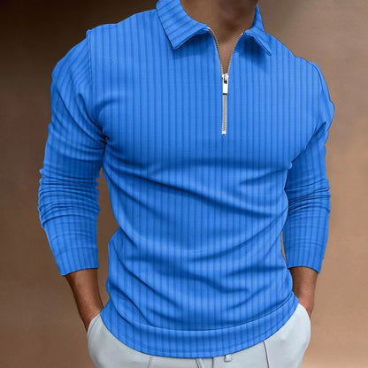 2024 New Men's Autumn And Winter Solid Color Lapel Leisure Sports Polo Shirt Zipper Striped Long Sleeve High Elasticity
