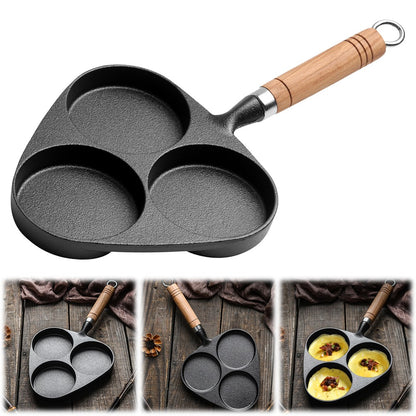 Frigideira de Ferro Fundido para Ovo Frito com Cabo de Madeira 3 Furos, Panela Antiaderente para Panquecas e Ovos, Grelhador de Pequeno-Almoço