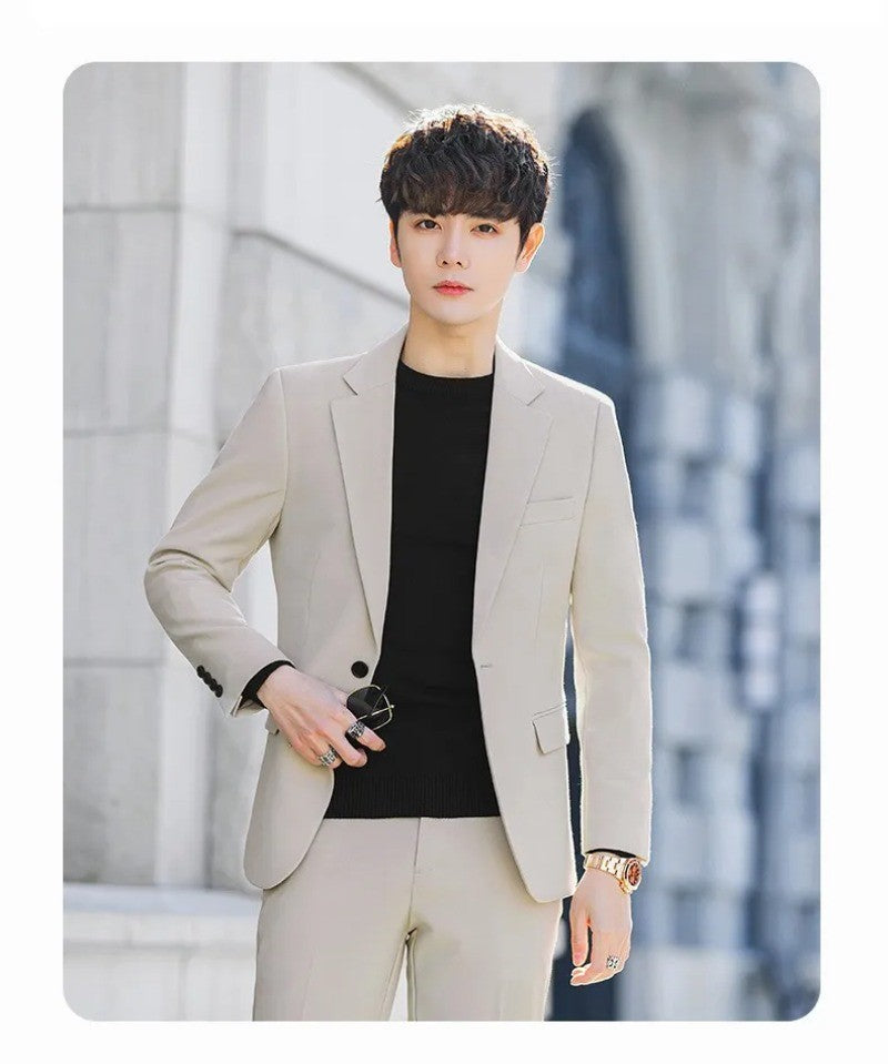 S-6XL Men's Business Casual Suit Korean Style Trendy Slim Fit 2 Piece Set Solid Color ?Blazer+ Pants )Groom Wedding Dress Party