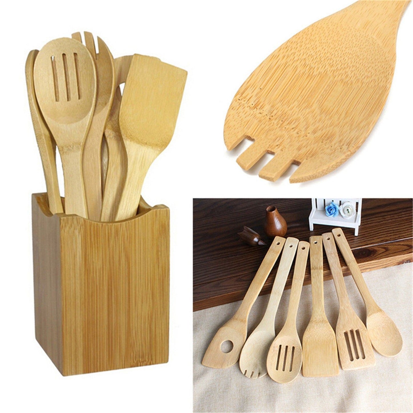 7 Piece  Bamboo Cooking Utensil Set Cooking Spoons And Spatulas Kitchen Tools For Nonstick Pan And Cookware Cooking Tools